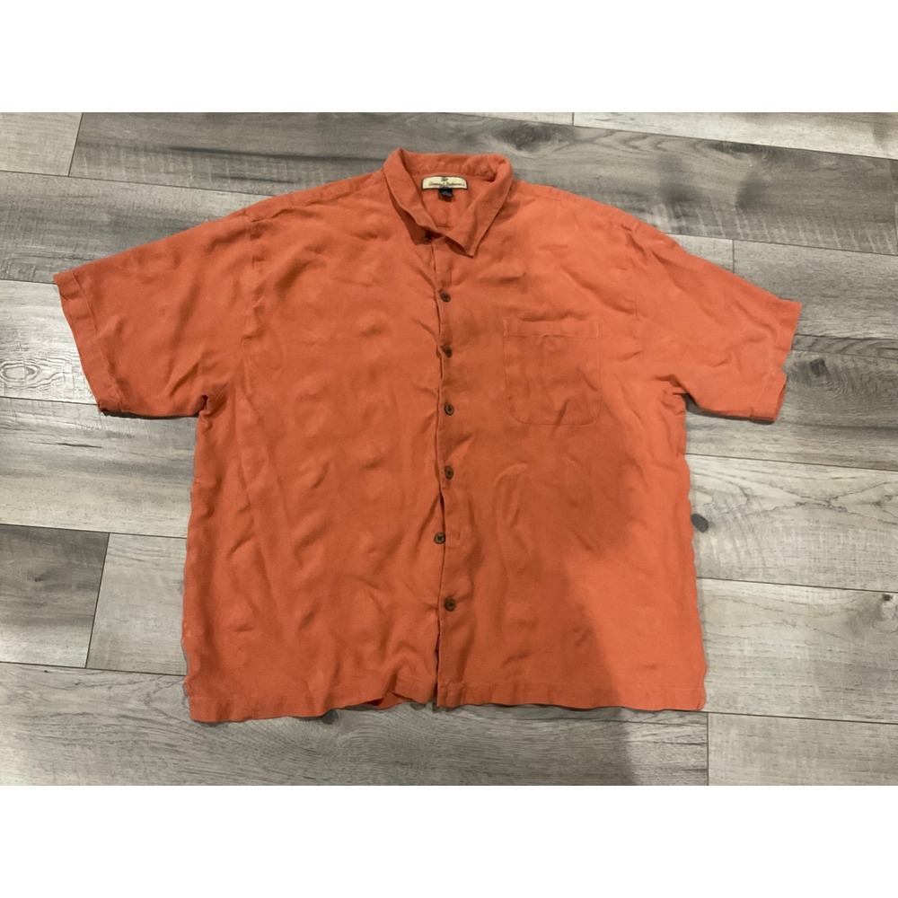 Tommy Bahama Mens XXL Coral Orange 100% Silk Short Sleeve Button Up Camp Shirt